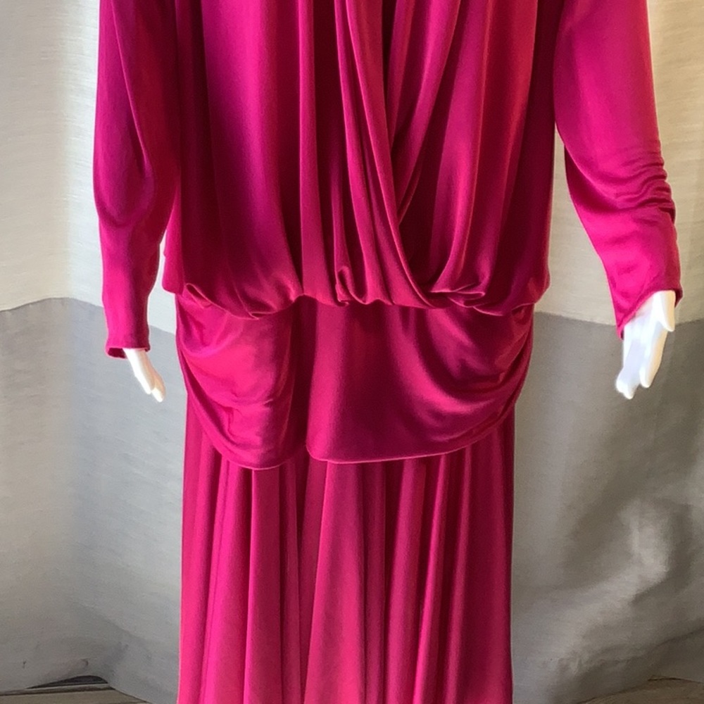 WHY Plus Size 21/22 Pink Beaded Shoulder Drop Waist Long Sleeve Evening Dress - Picture 3 of 12